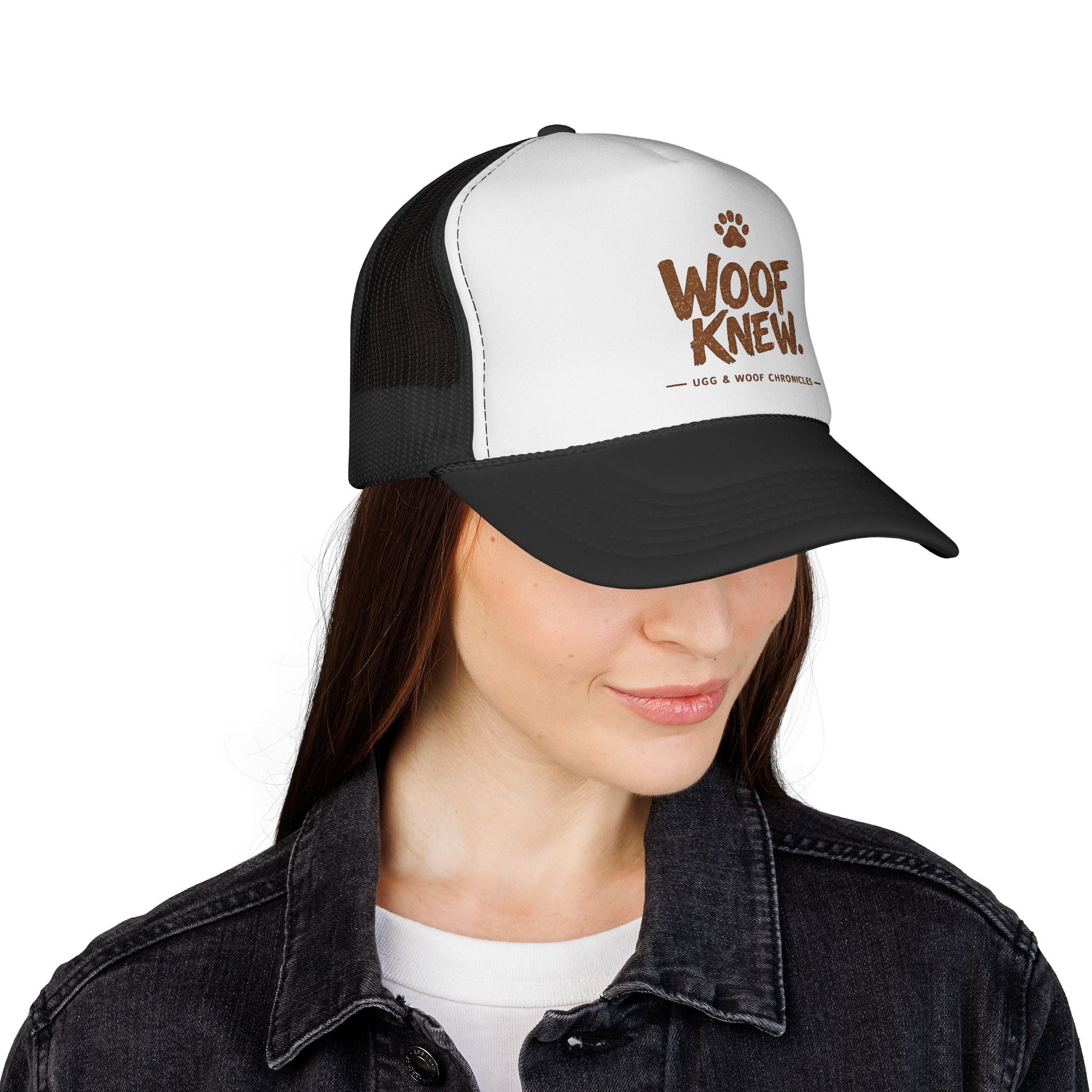 Ugg & Woof Chronicles “Woof Knew.” Hat – Funny Dog & Caveman Trucker Cap – The Tribe Official Merch