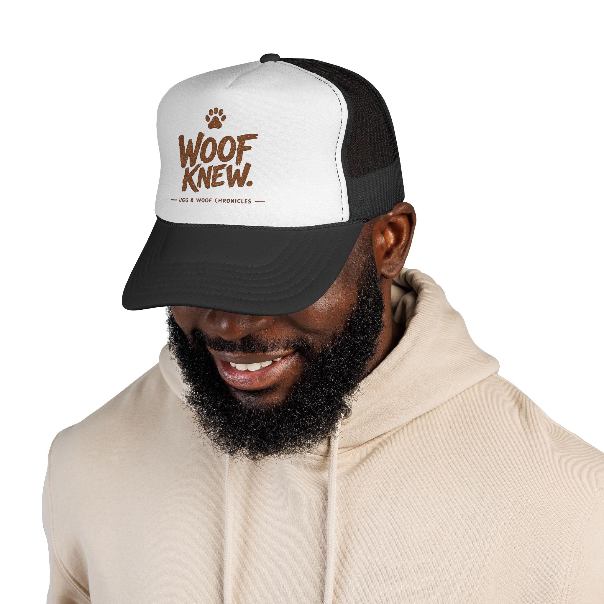 Ugg & Woof Chronicles “Woof Knew.” Hat – Funny Dog & Caveman Trucker Cap – The Tribe Official Merch